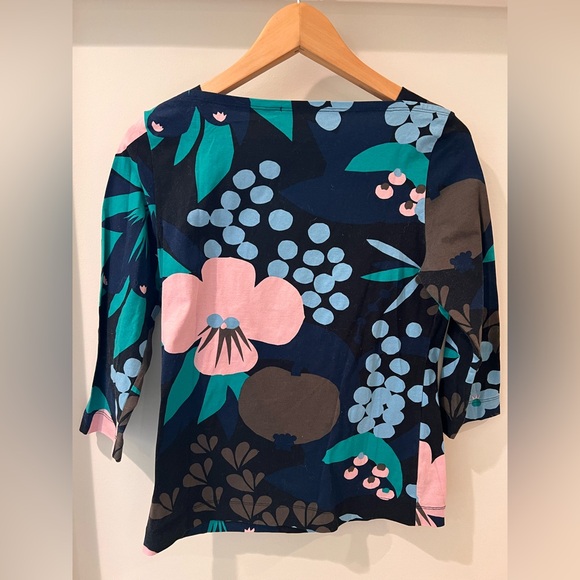 Marimekko Aralia navy floral boatneck 3/4 sleeve tee shirt sz xs - Picture 2 of 4
